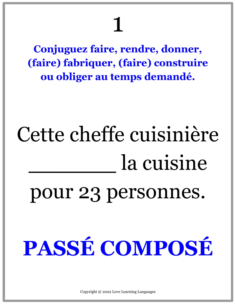 French practice card 1: complete a sentence about a chef cooking for 23 people using the passé composé.