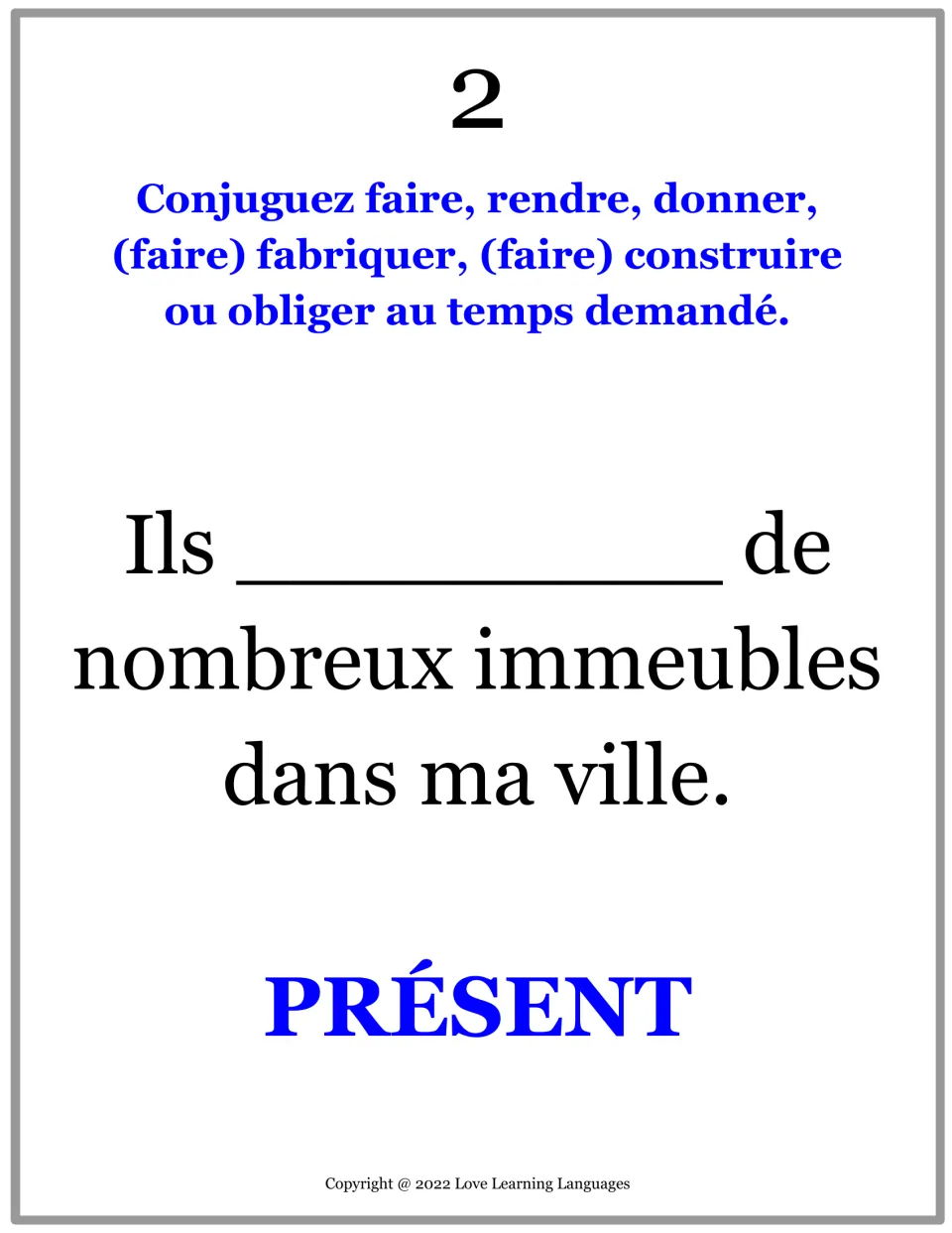 French practice card 2: complete a sentence about building many buildings in the speaker’s city in present tense.