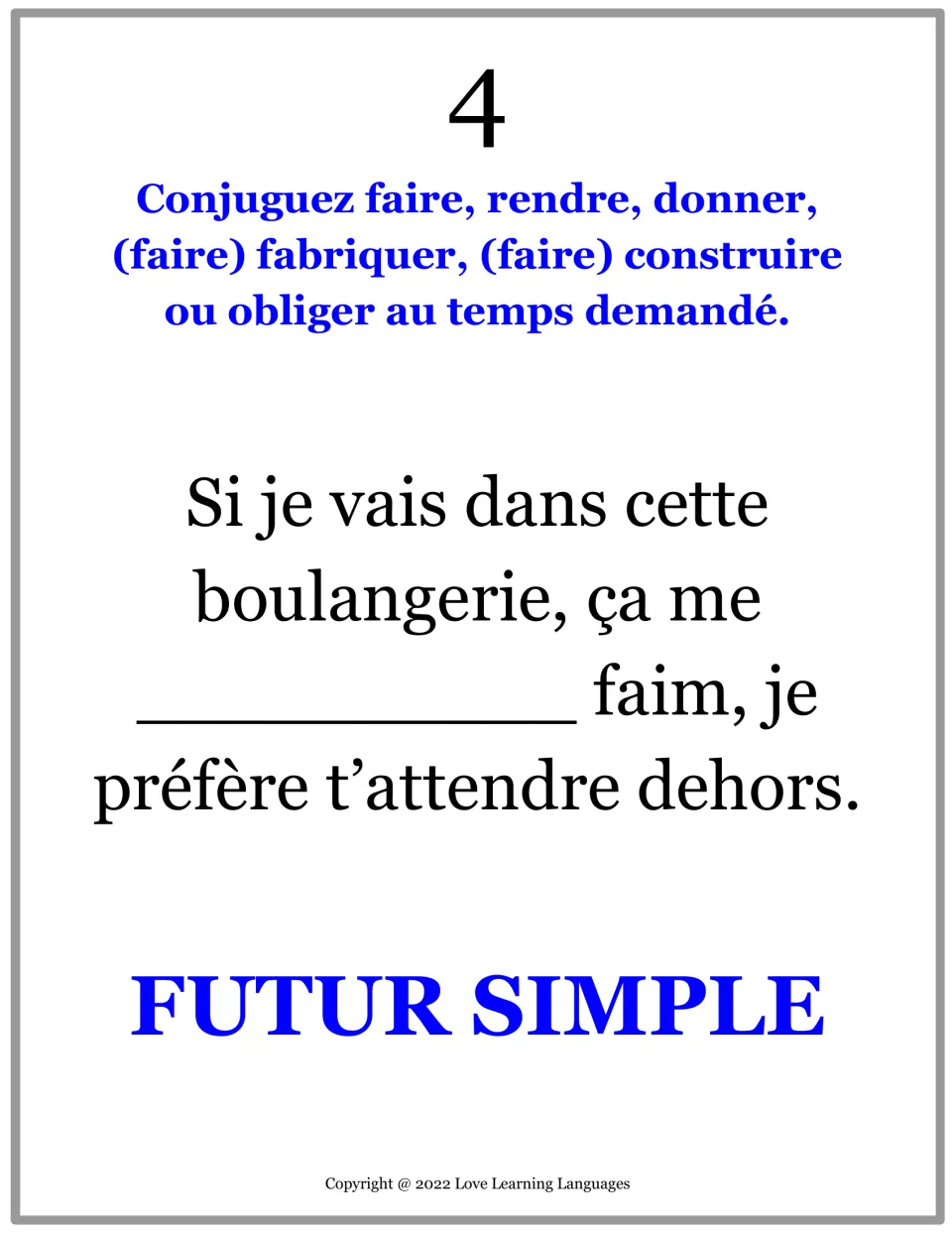 French practice card 4: complete a sentence about a bakery making someone hungry using the simple future.