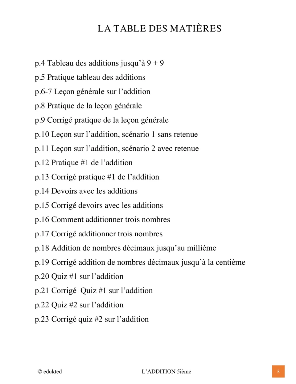 Contents for the French addition booklet list lessons, practice, homework, two quizzes, and answer keys