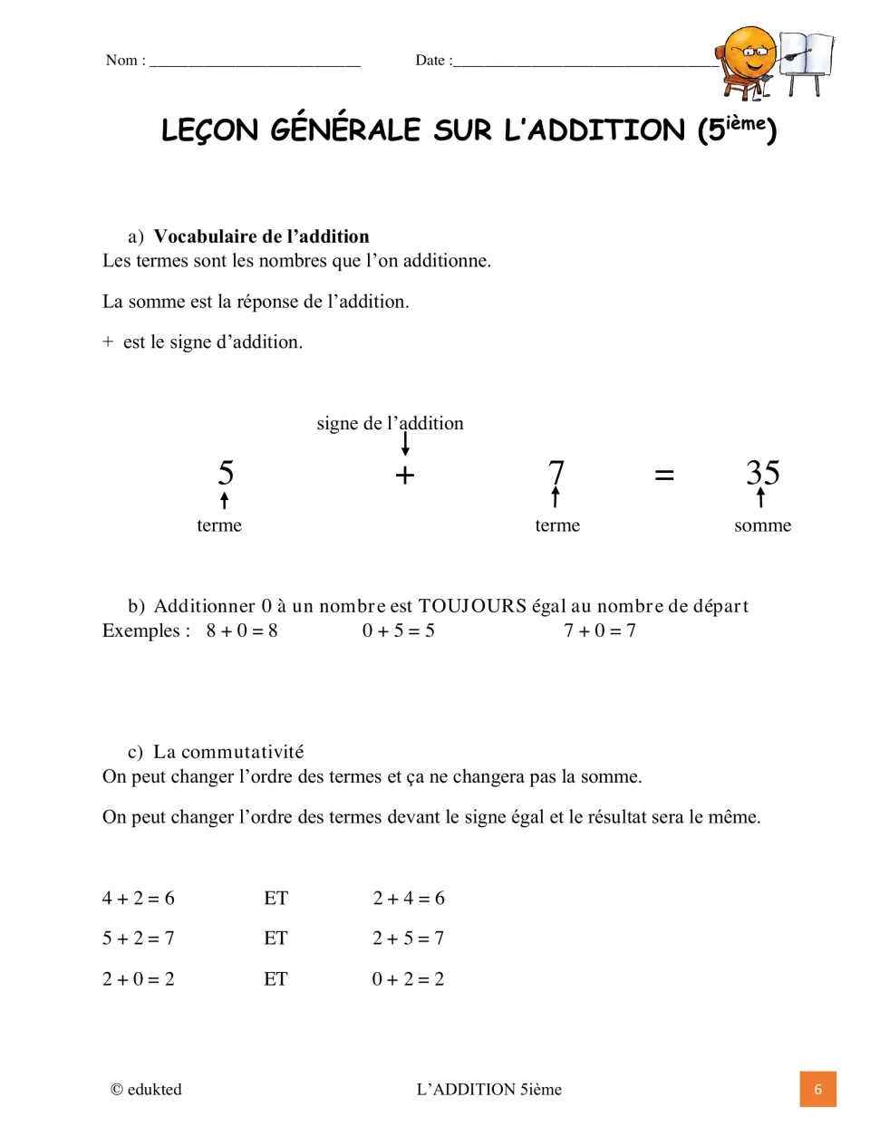 French addition lesson defines terme (addend) and somme (sum), then explains adding zero and commutativity