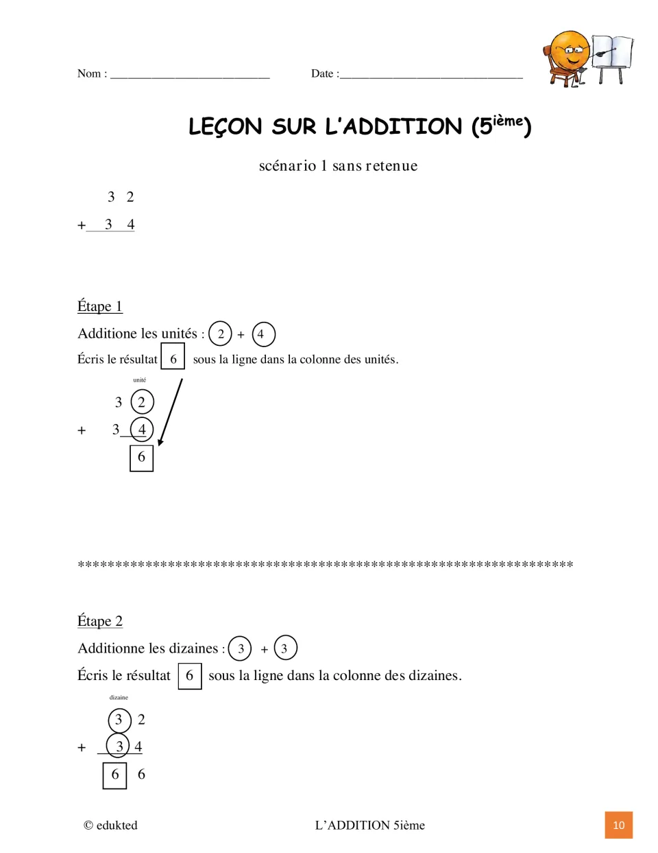 French addition lesson models 32 + 34 = 66 without regrouping, adding the ones first and then the tens