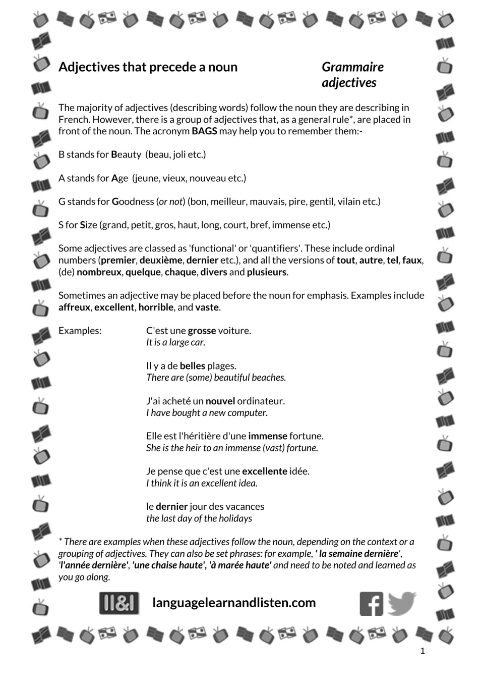 French adjective lesson introducing BAGS: Beauty, Age, Goodness and Size, with placement rules and examples