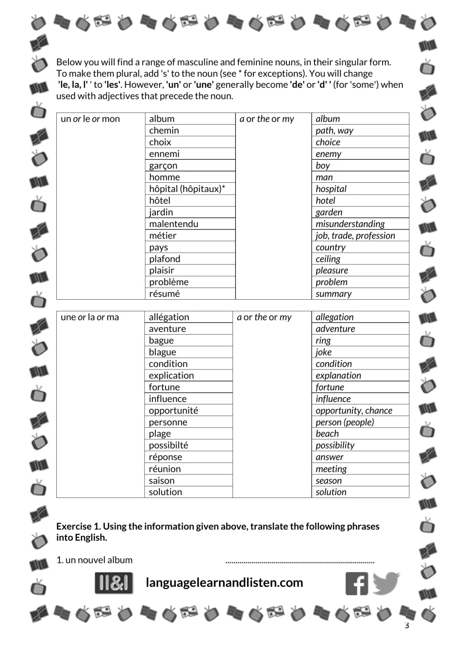 French noun reference and plural rules, followed by Exercise 1, item 1: un nouvel album (a new album)