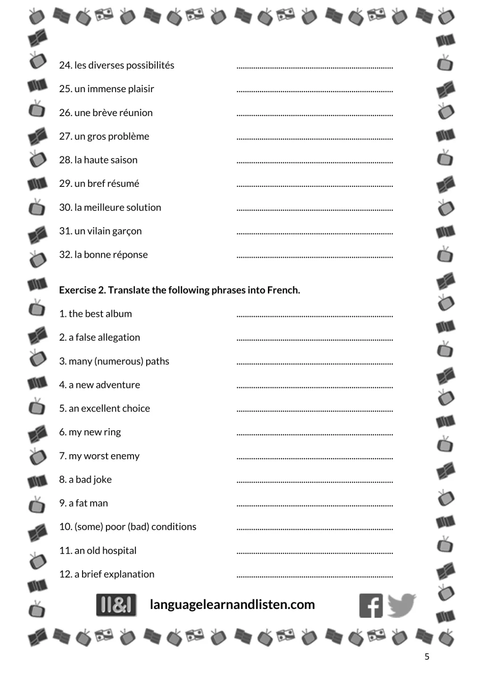 Exercise 1 ends with items 24–32; English-to-French Exercise 2 begins with items 1–12, such as the best album