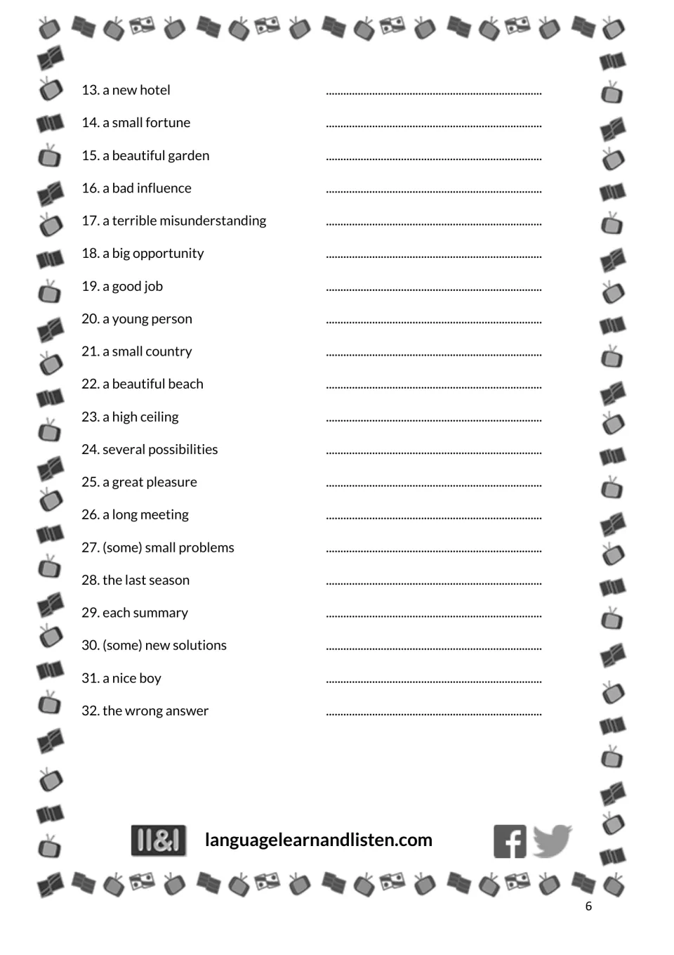 English-to-French Exercise 2, items 13–32, including a new hotel, a beautiful garden and the wrong answer