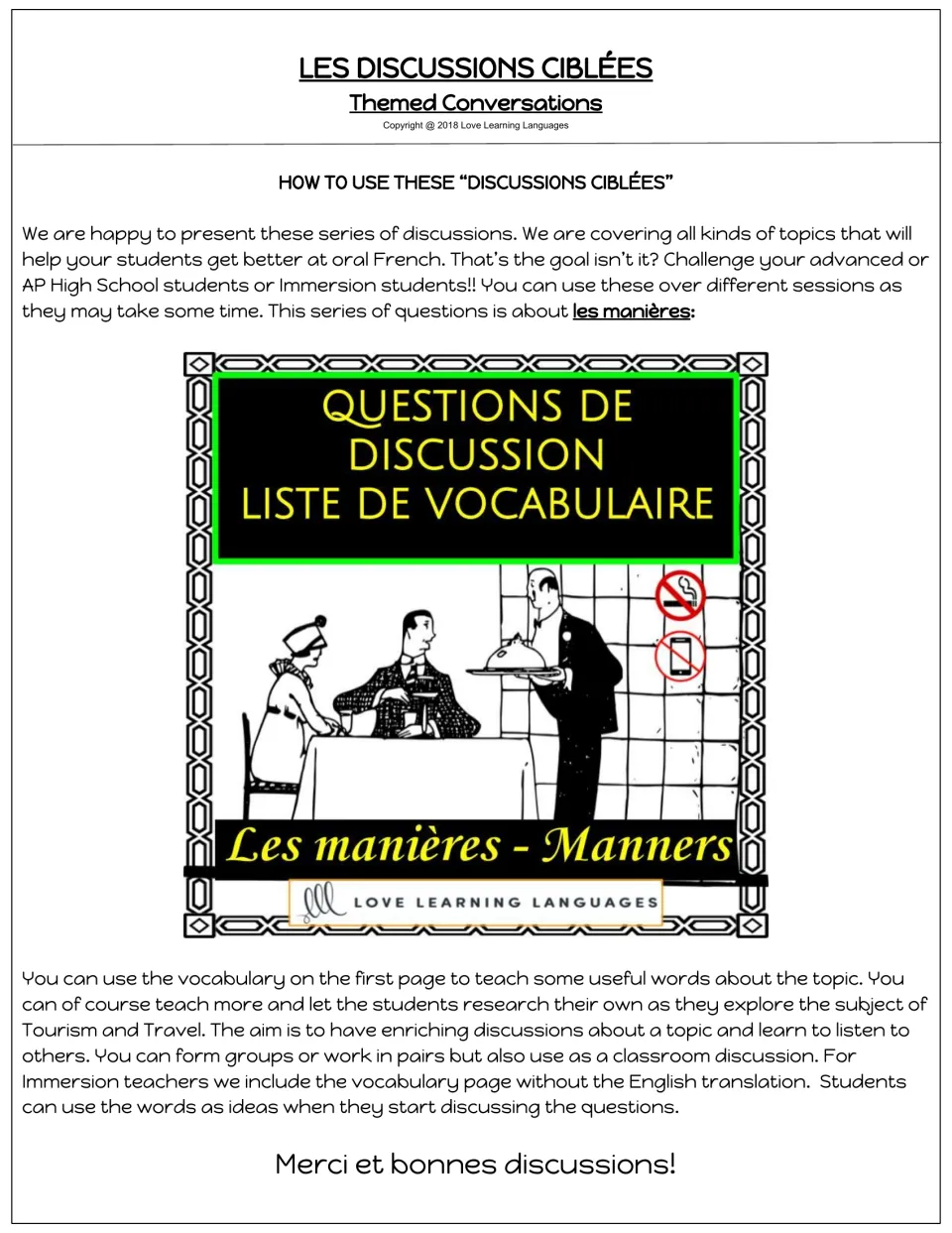 Teacher introduction to the French manners discussion resource, with directions for vocabulary and group work.