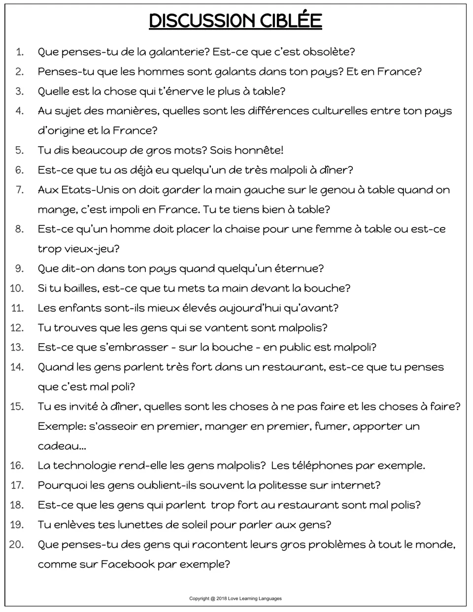 French discussion set of 20 questions about manners, including table behavior, chivalry, and phone use.