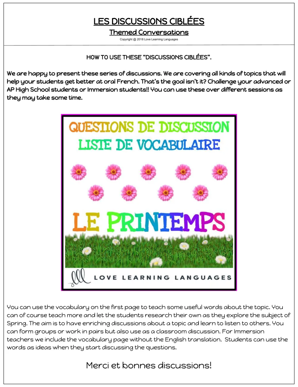 Teacher instructions for using the spring vocabulary lists and discussion questions in pairs or groups.