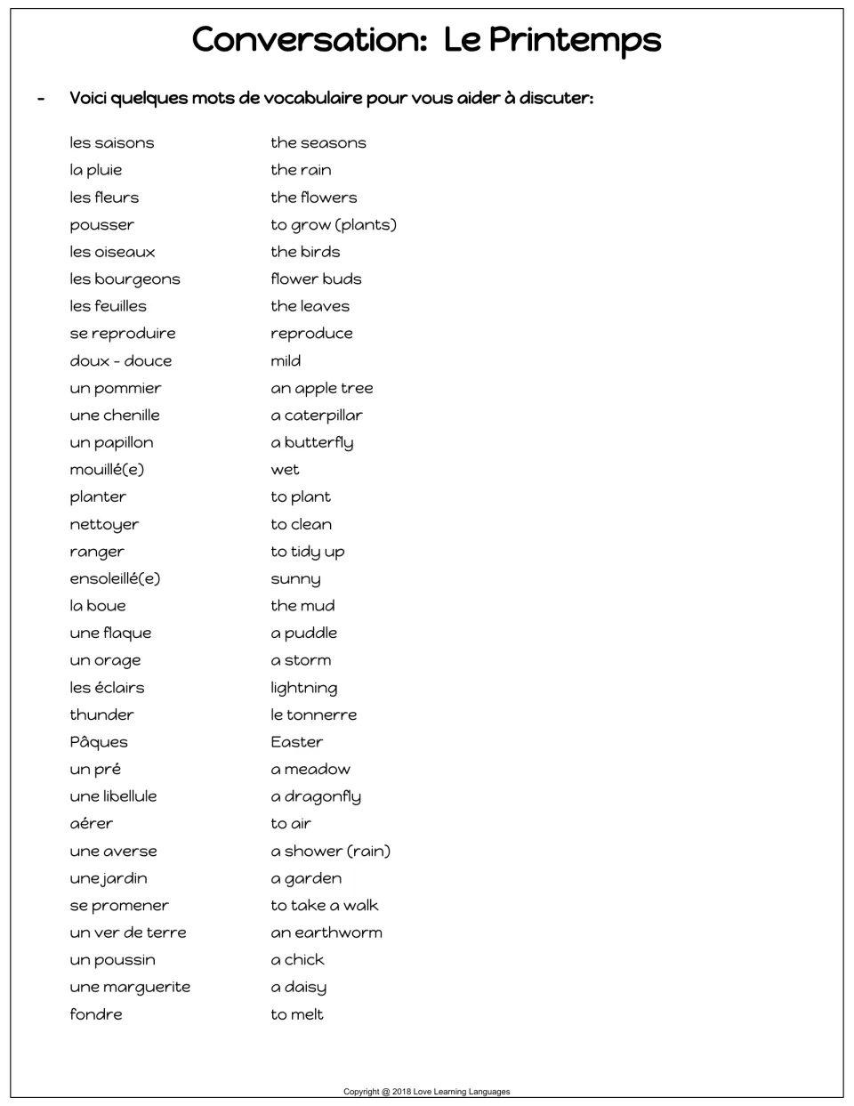 Bilingual spring vocabulary list: les saisons (seasons), la pluie (rain), les fleurs (flowers) and 30 more.