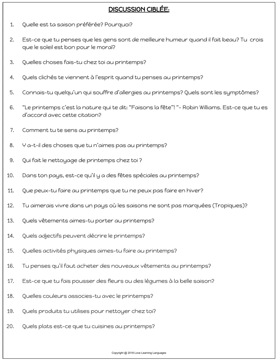 20 French spring discussion questions about favorite seasons, allergies, spring cleaning, clothes, and food.