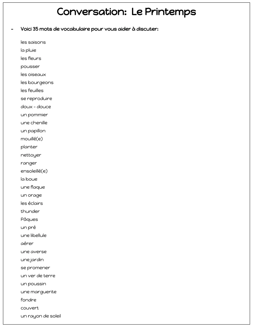 Spring vocabulary list without translations: 35 entries, including couvert (overcast) and un rayon de soleil (sunbeam).