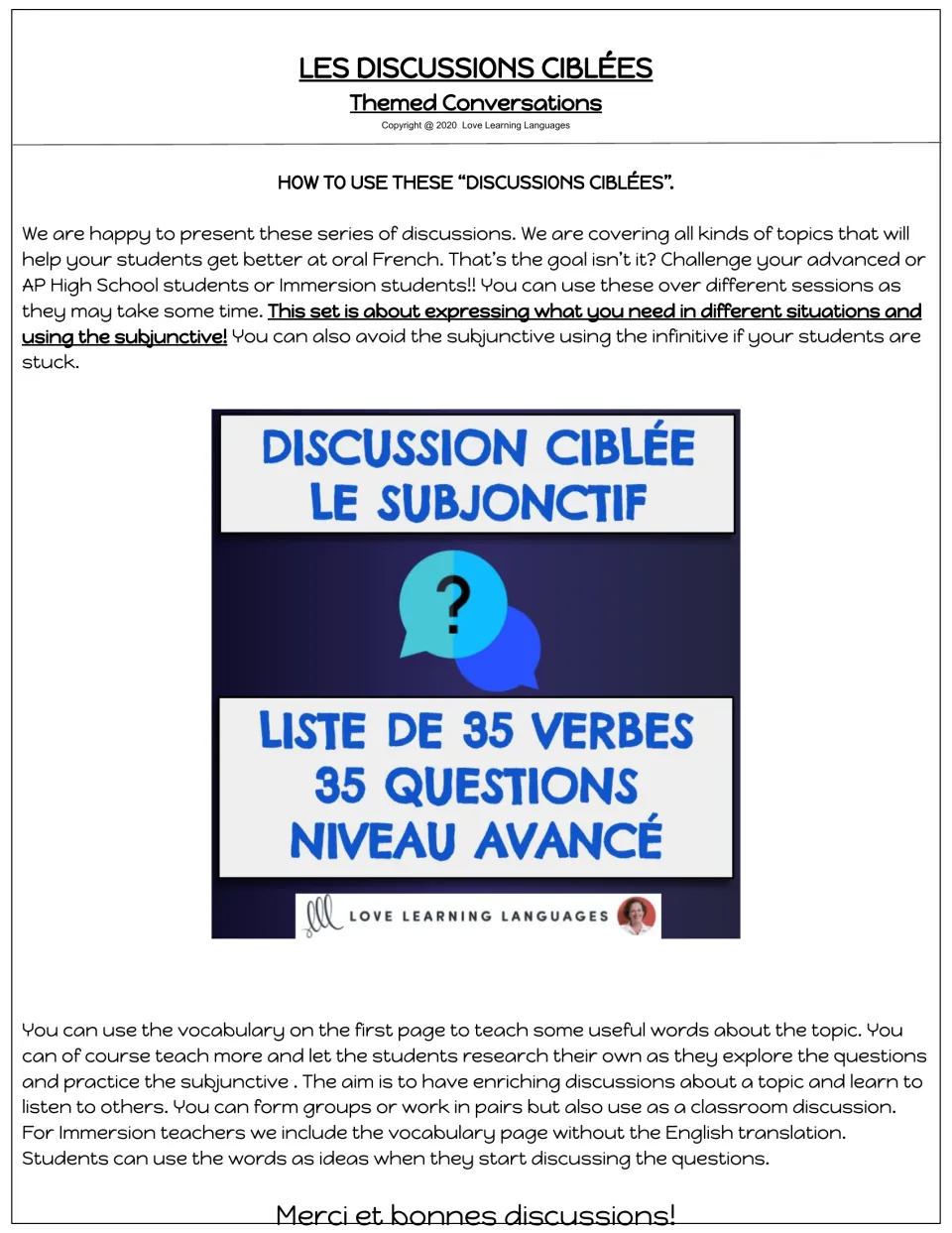 Teacher instructions for French subjunctive discussions, including vocabulary preparation and group or pair work.