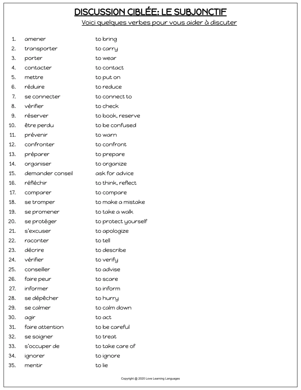 Vocabulary list of 35 French verbs: amener (bring), porter (wear), mentir (lie), and other discussion words.