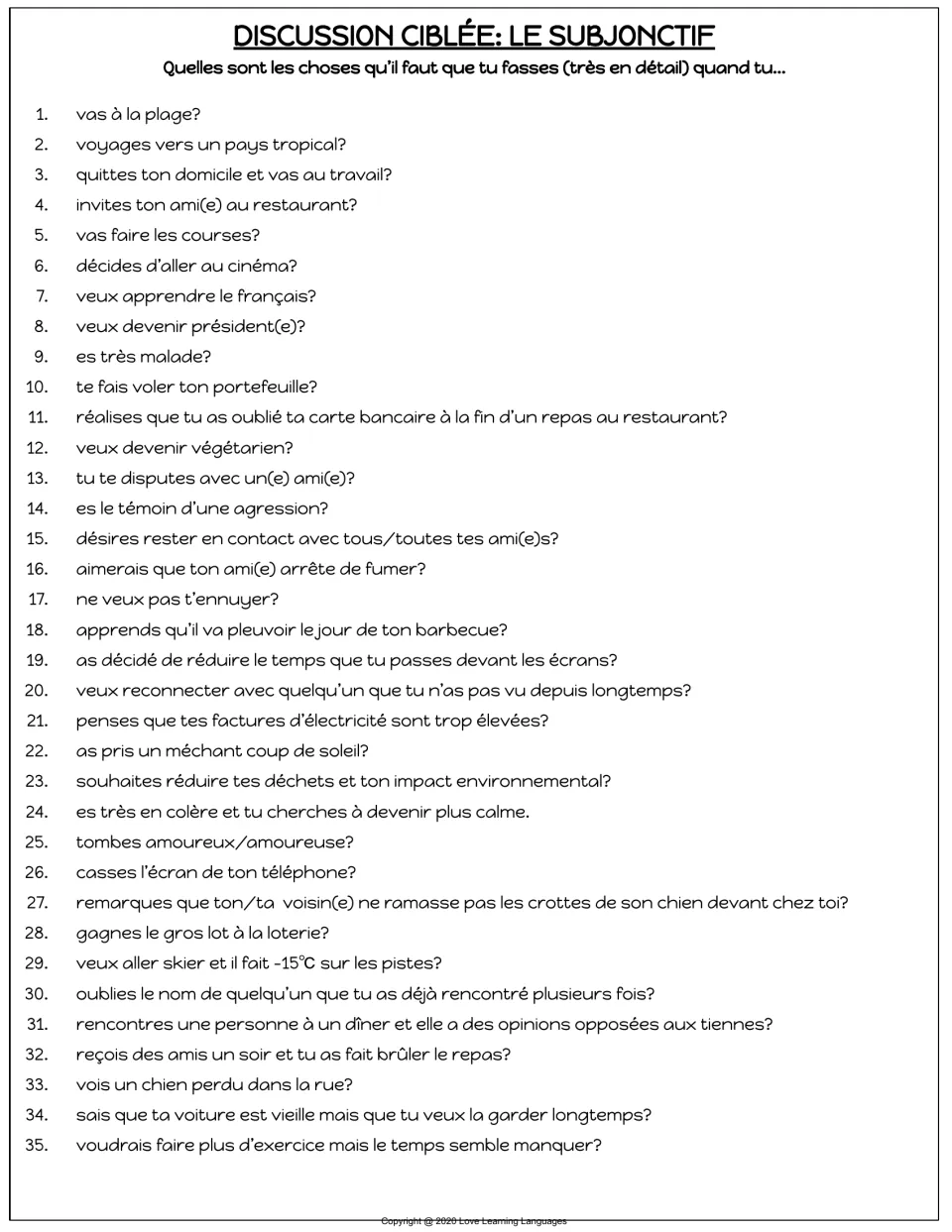Set of 35 French subjunctive discussion questions about situations such as beach trips, illness, and travel.