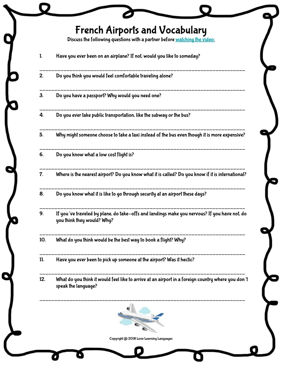 Pre-viewing questions 1–12 for partners: Have you ever been on an airplane? Do you have a passport? and 10 more