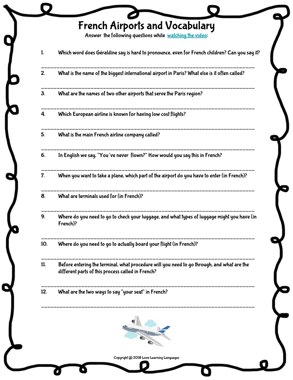 Video questions 1–12 to answer while watching, such as Paris's biggest airport and the main French airline