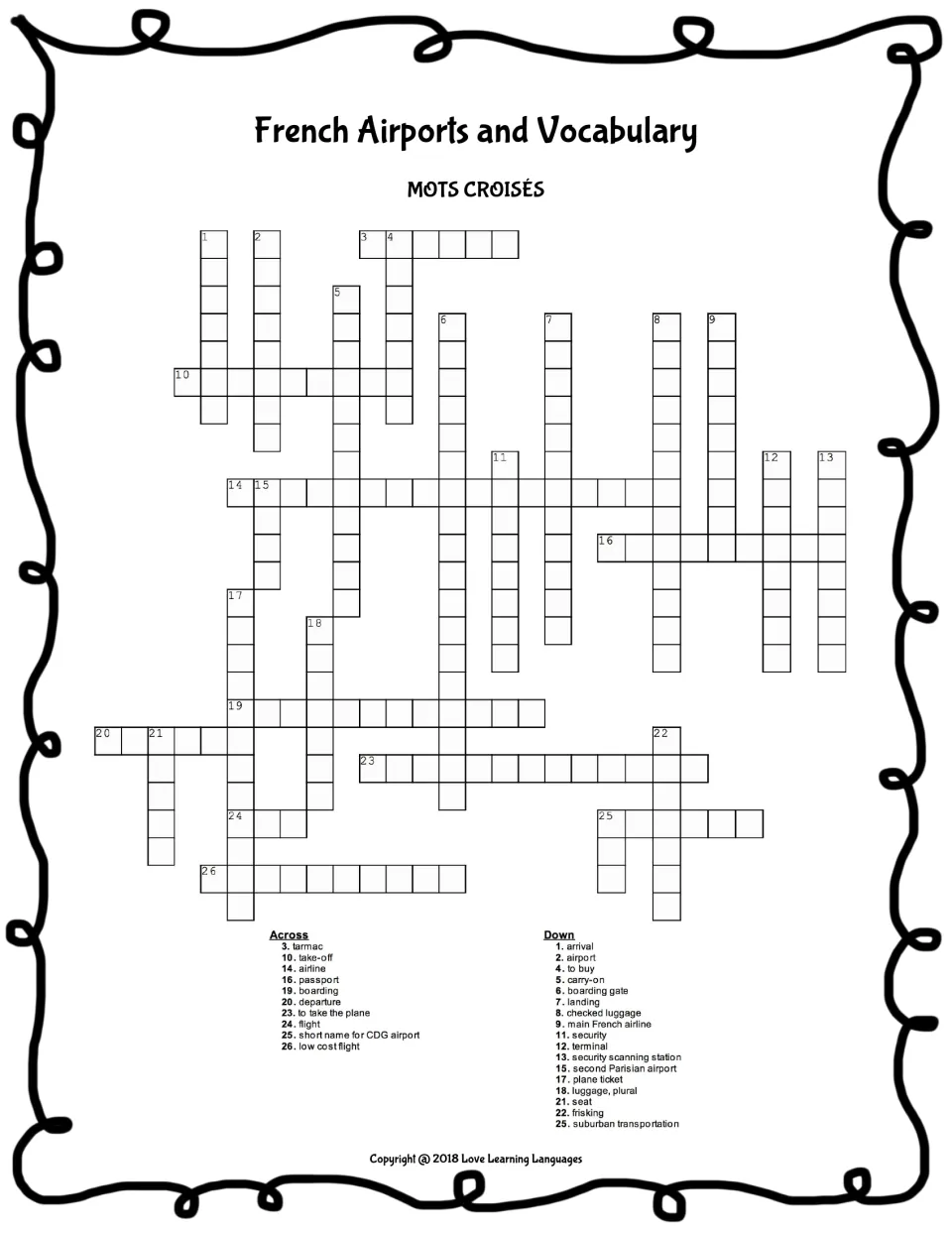 Mots croisés crossword with 26 English clues, such as tarmac, take-off and passport, to answer in French