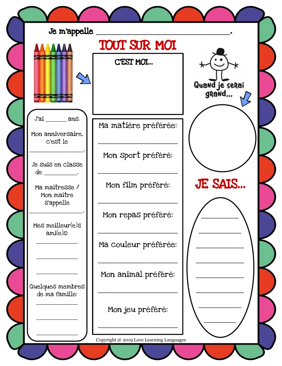 French all-about-me activity: name, age, birthday, family, favorites, future ambitions, and personal abilities