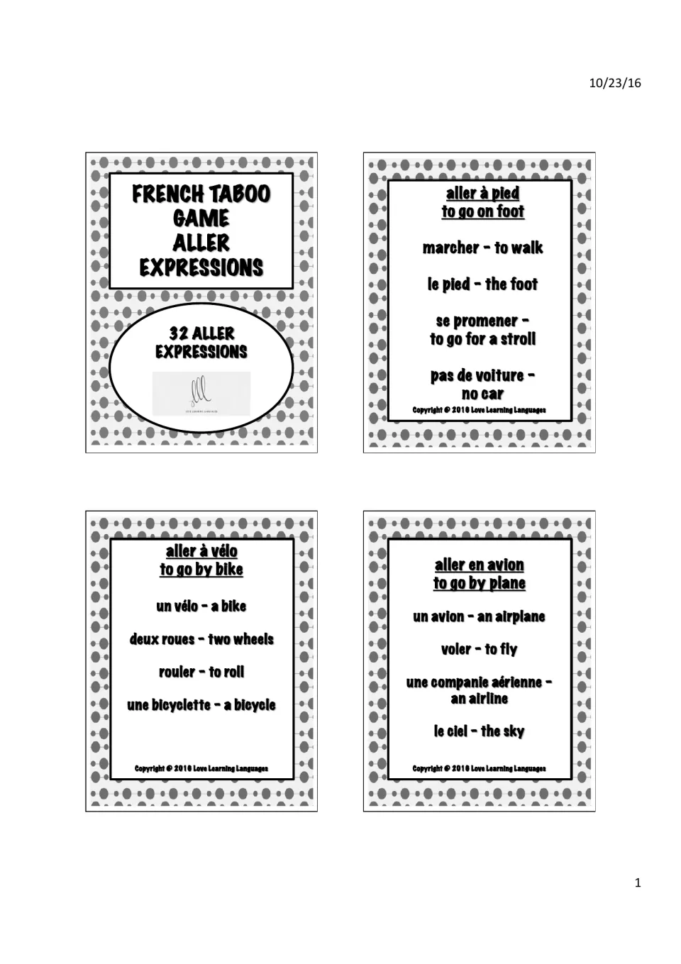 French taboo game cover card for 32 aller expressions, then cards for going on foot, by bike and by plane