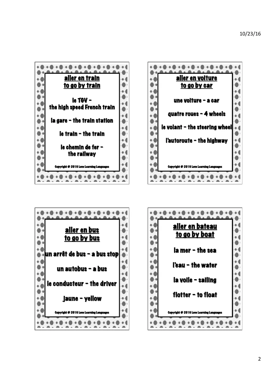 Taboo cards for aller en train, en voiture, en bus and en bateau, each listing four French words players must not say