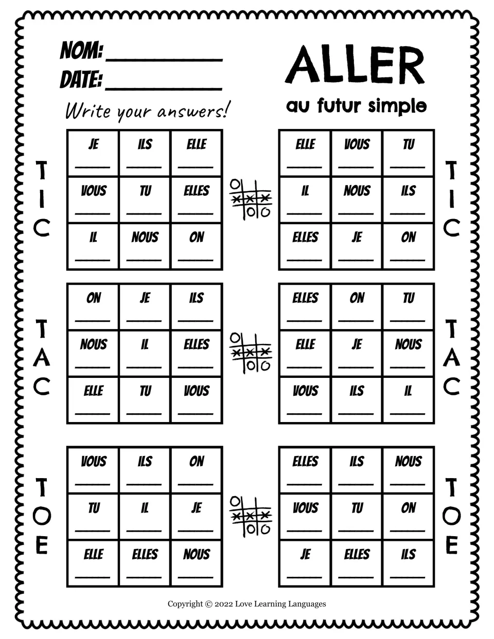 Writing practice for six tic-tac-toe games: supply futur simple forms of aller (to go) for French pronouns.