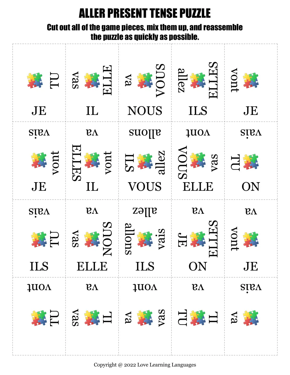 French aller (to go) puzzle: 20 cutout pieces with subject pronouns and present forms vais, vas, va and more.