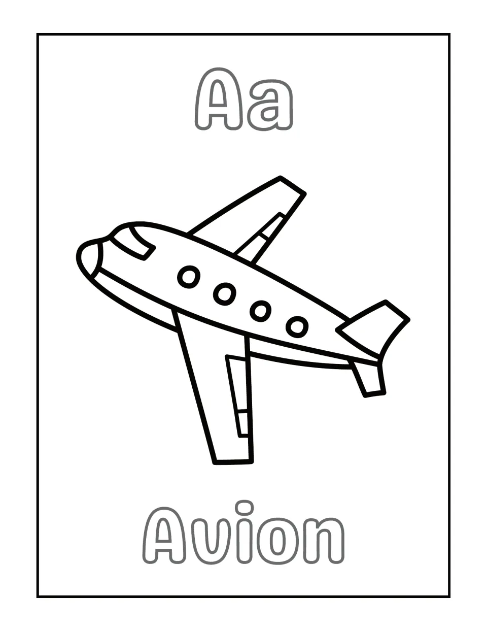 Letter A: students color the outlined Aa, an airplane drawing and the word Avion, linking the letter to a French noun