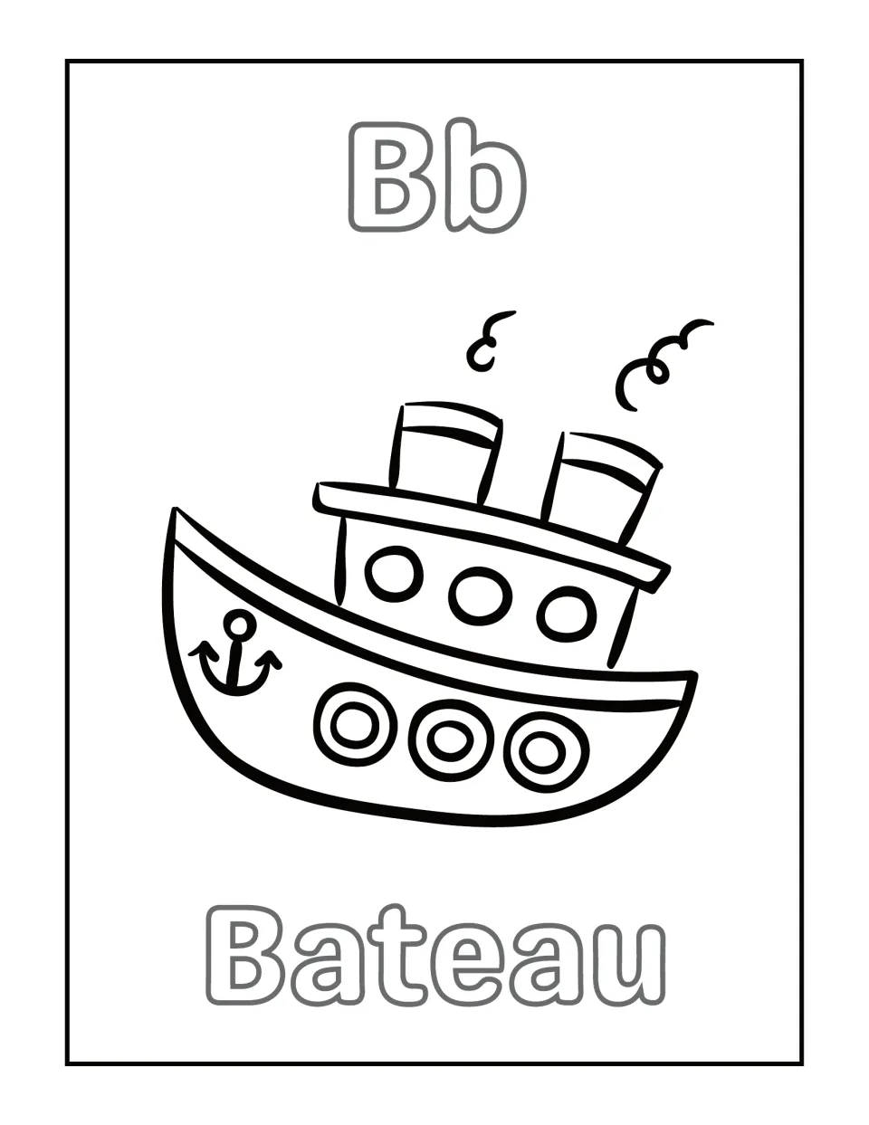 Letter B: bubble letters Bb and the word Bateau with a steamboat and anchor drawing for students to color