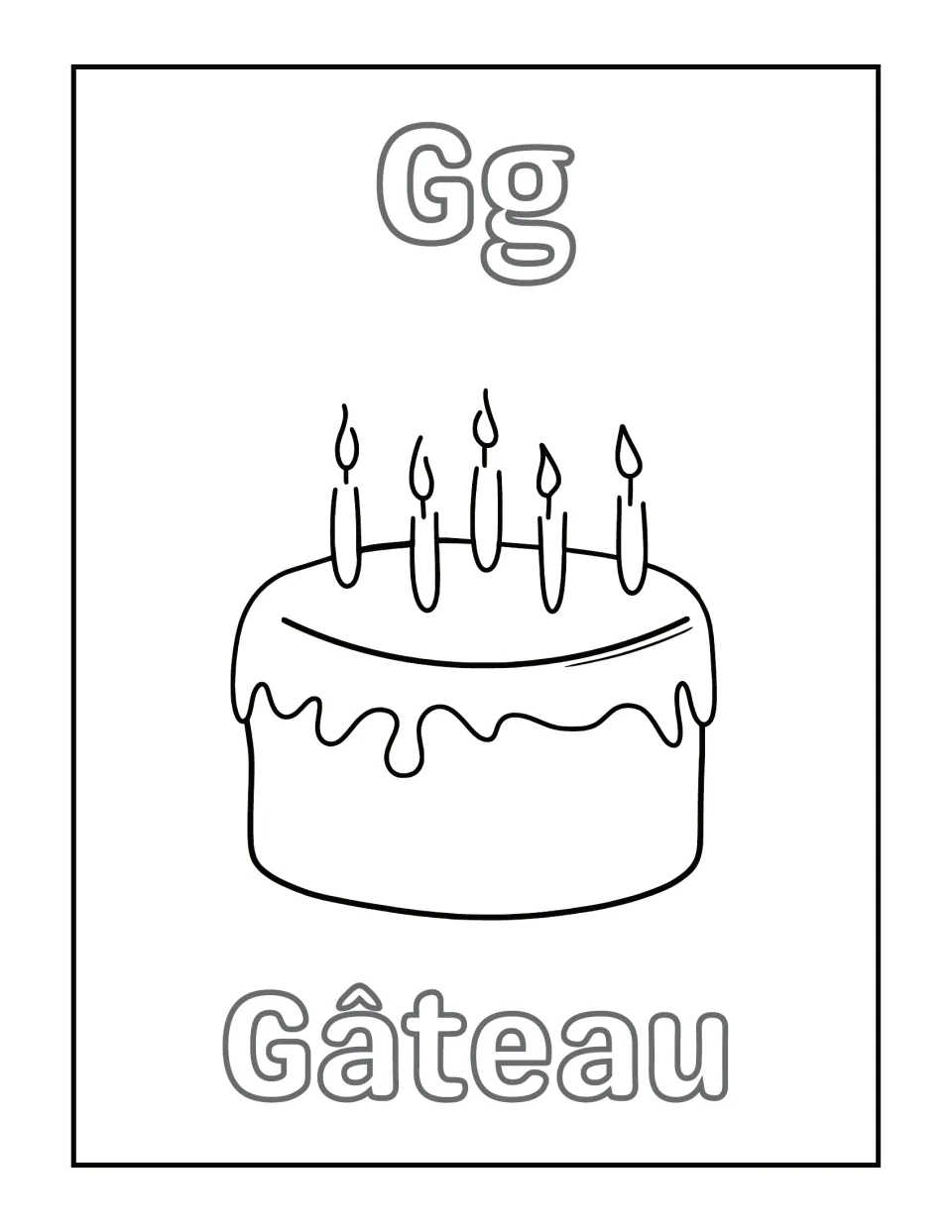 Letter G: birthday cake with five candles to color, labeled Gâteau, showing the circumflex over the â