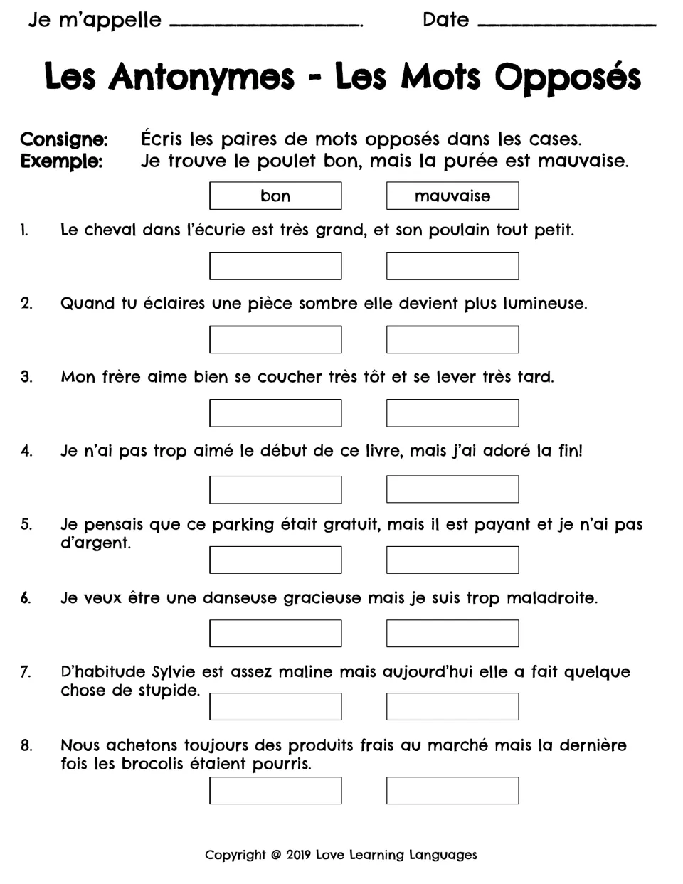 French antonym practice: eight sentences pairing opposites such as grand (big) and petit (small).