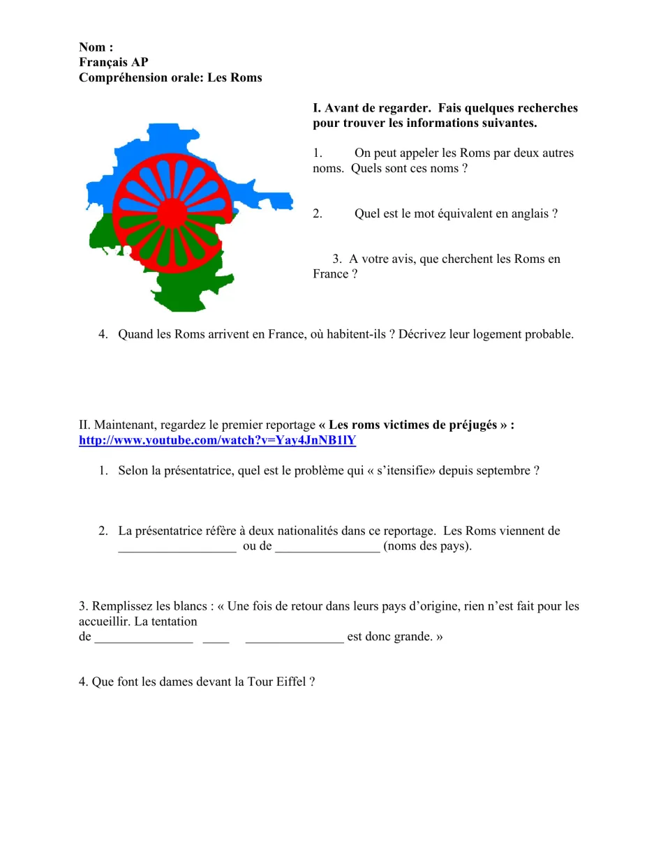 French listening activity on Roma: four research questions and four questions for the first news report.