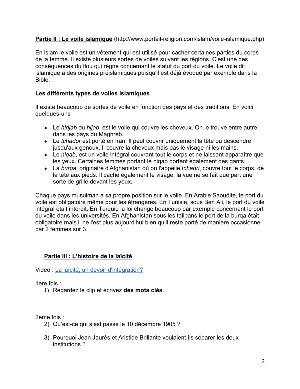 French background reading defines four types of veils, followed by video questions on laïcité (secularism)