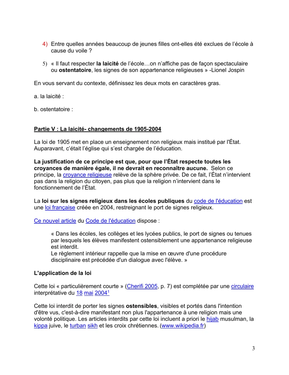 French packet vocabulary prompts and reading on secularism, the 1905 law, and religious symbols in schools