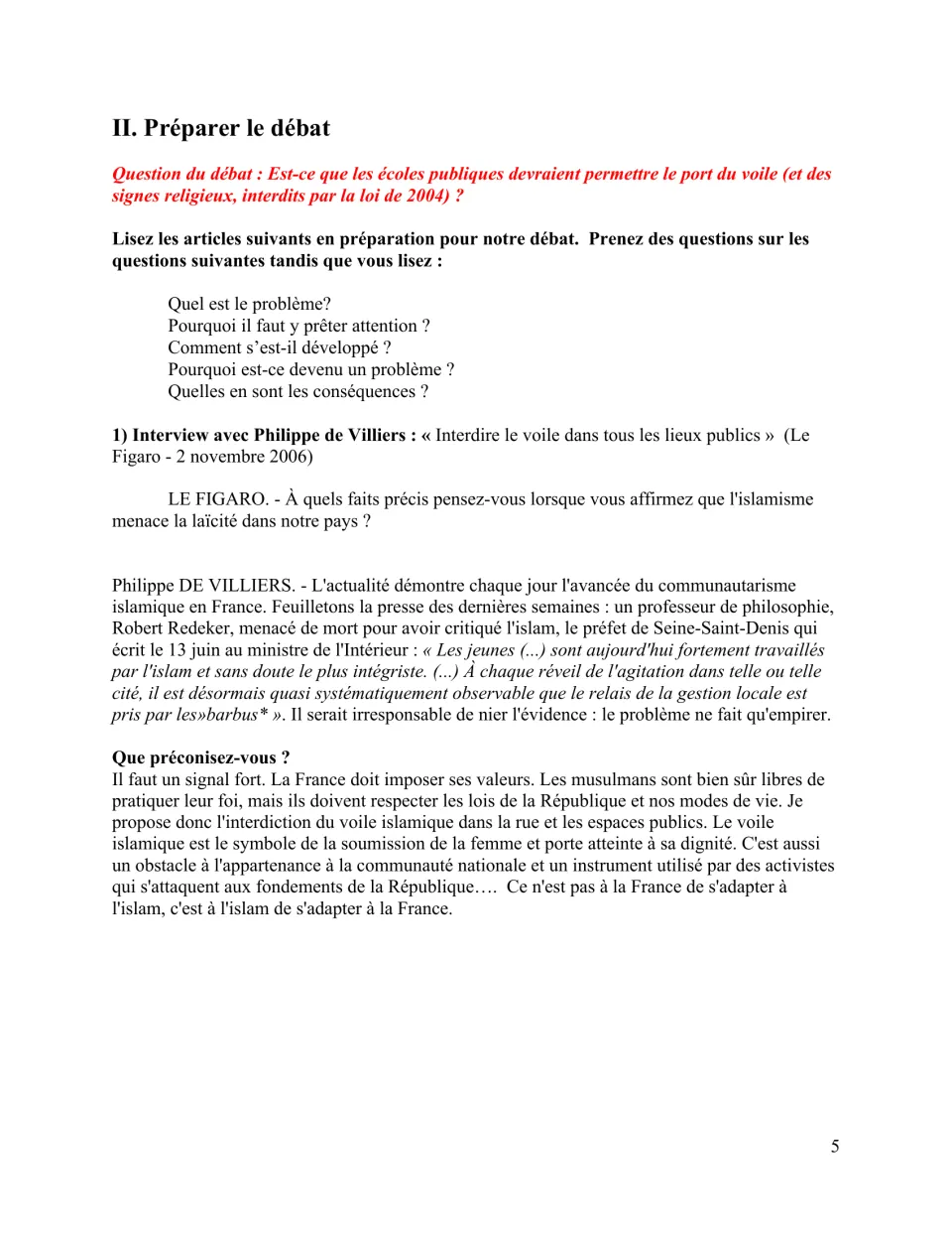 French debate preparation: guiding questions and a Philippe de Villiers interview advocating a veil ban