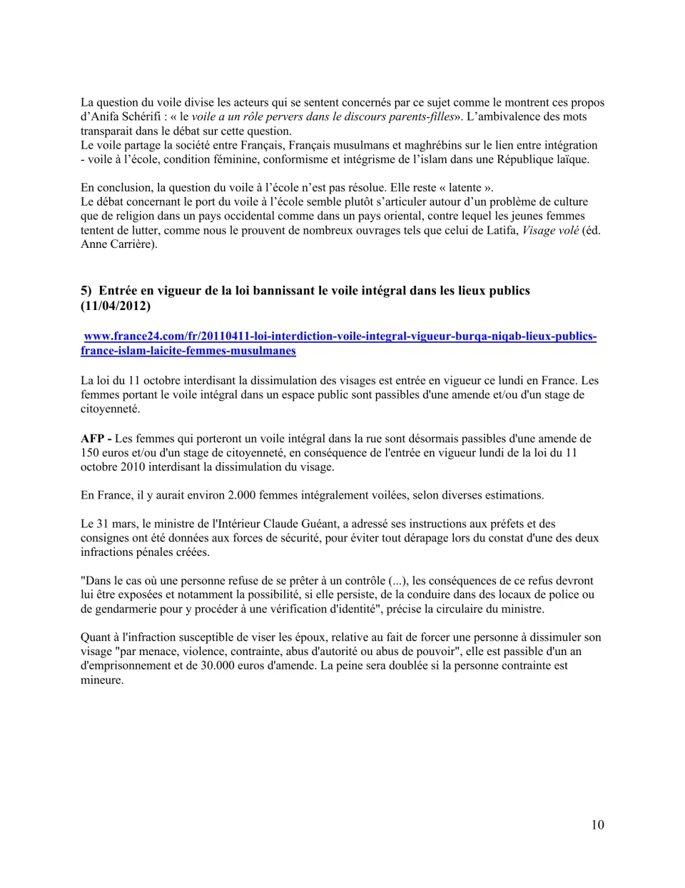 French debate packet concludes the fourth article and presents a fifth on France's public full-face veil ban