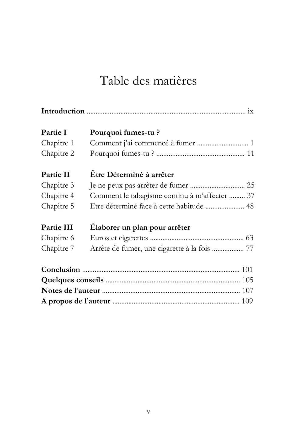 Table des matières listing three parts and seven chapters, from why people smoke to building a plan to quit step by step