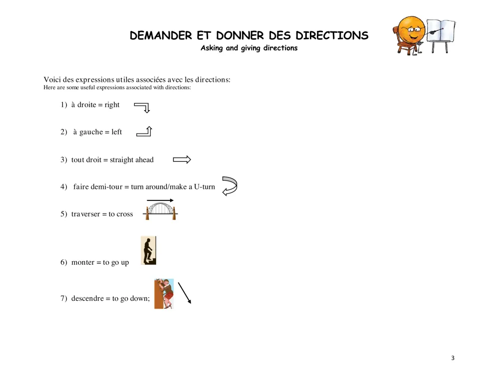 French direction words 1-7: à droite, à gauche, tout droit, faire demi-tour, traverser, monter, descendre with arrow icons