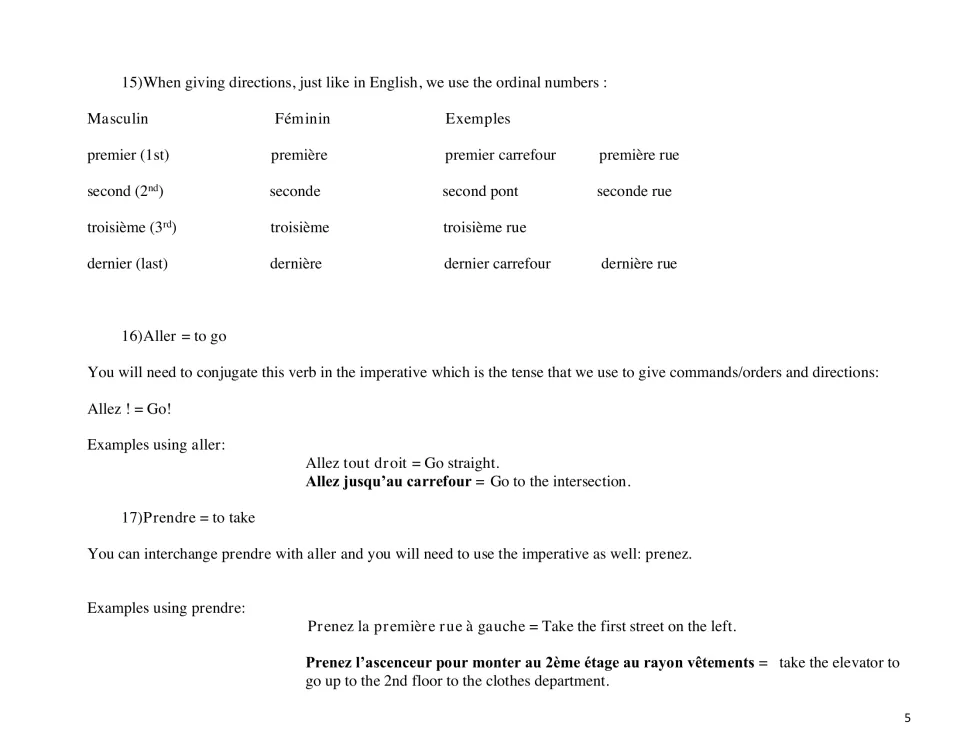French ordinal numbers premier to dernier in masculine and feminine, plus imperative of aller and prendre with examples