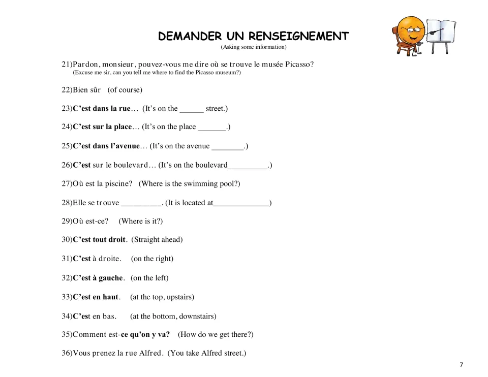 Demander un renseignement: French phrases 21-36 for asking where a place is and answering, such as C'est à droite