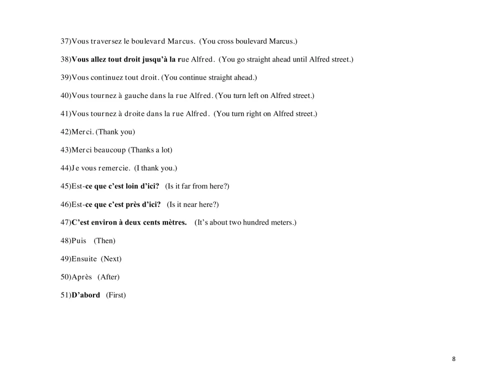 French phrases 37-51 for route steps, thanking, asking if a place is near or far, and sequence words puis, ensuite, d'abord