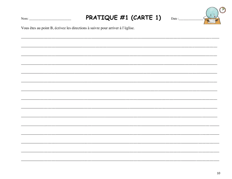Pratique #1 (Carte 1): students write French directions to go from point B on the town map to l'église