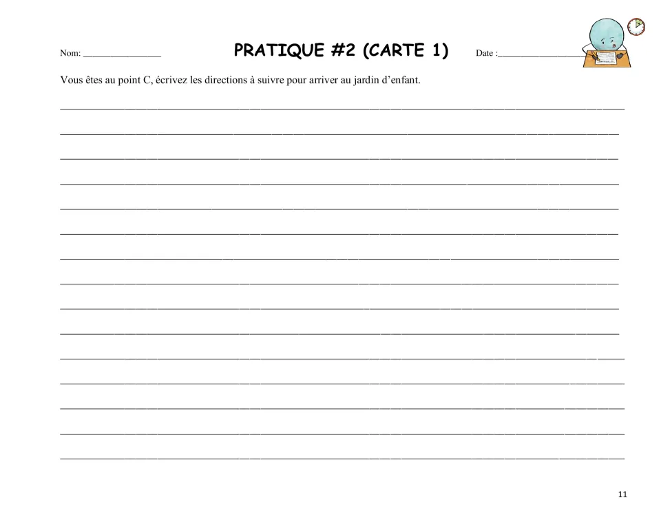 Pratique #2 (Carte 1): students write a French route from point C on the town map to le jardin d'enfants