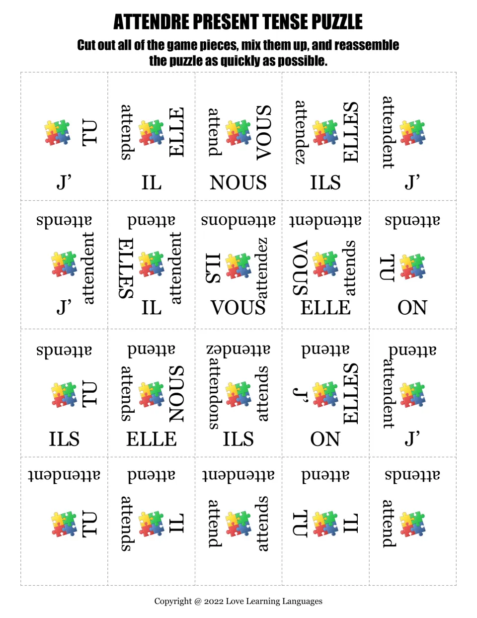 French attendre (to wait) present tense puzzle: 20 cutout pieces with pronouns and forms such as attends