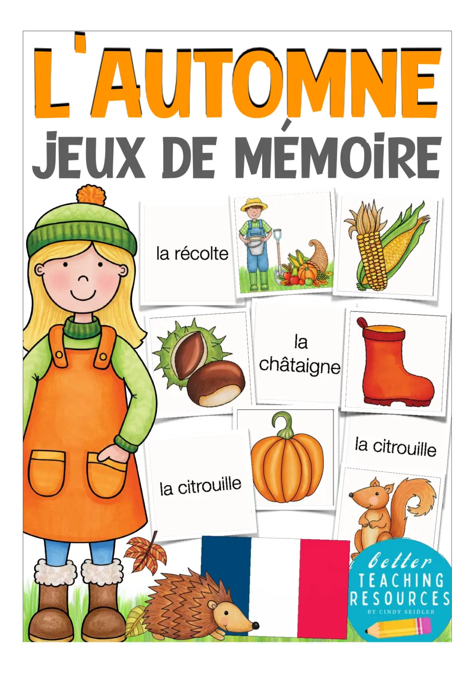 French autumn memory game cover showing sample word and picture cards for harvest, chestnut and pumpkin