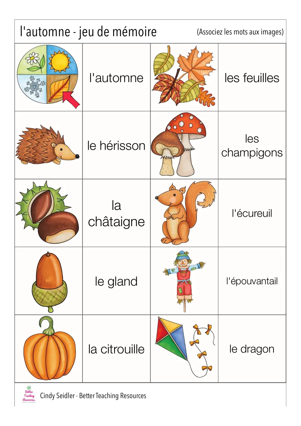 French memory card pairs 1–10: l'automne (autumn), les feuilles (leaves), le hérisson (hedgehog) and seven more