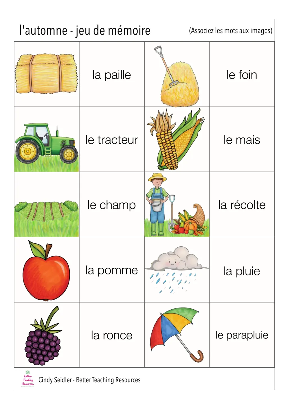 French memory card pairs 11–20: la paille (straw), le tracteur (tractor), le maïs (corn) and seven more