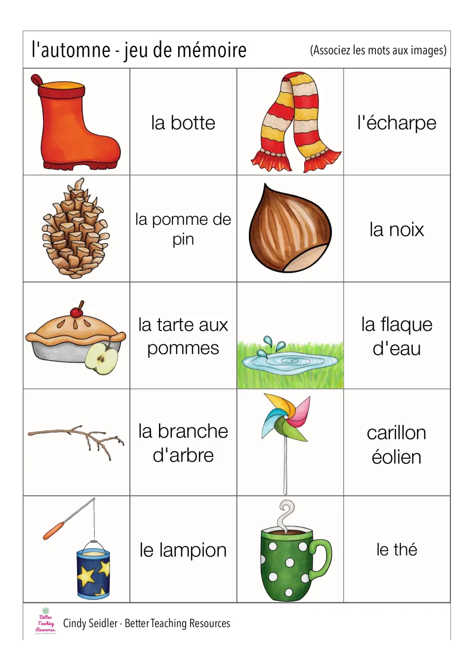 French memory card pairs 21–30: la botte (boot), l'écharpe (scarf), le thé (tea) and seven more