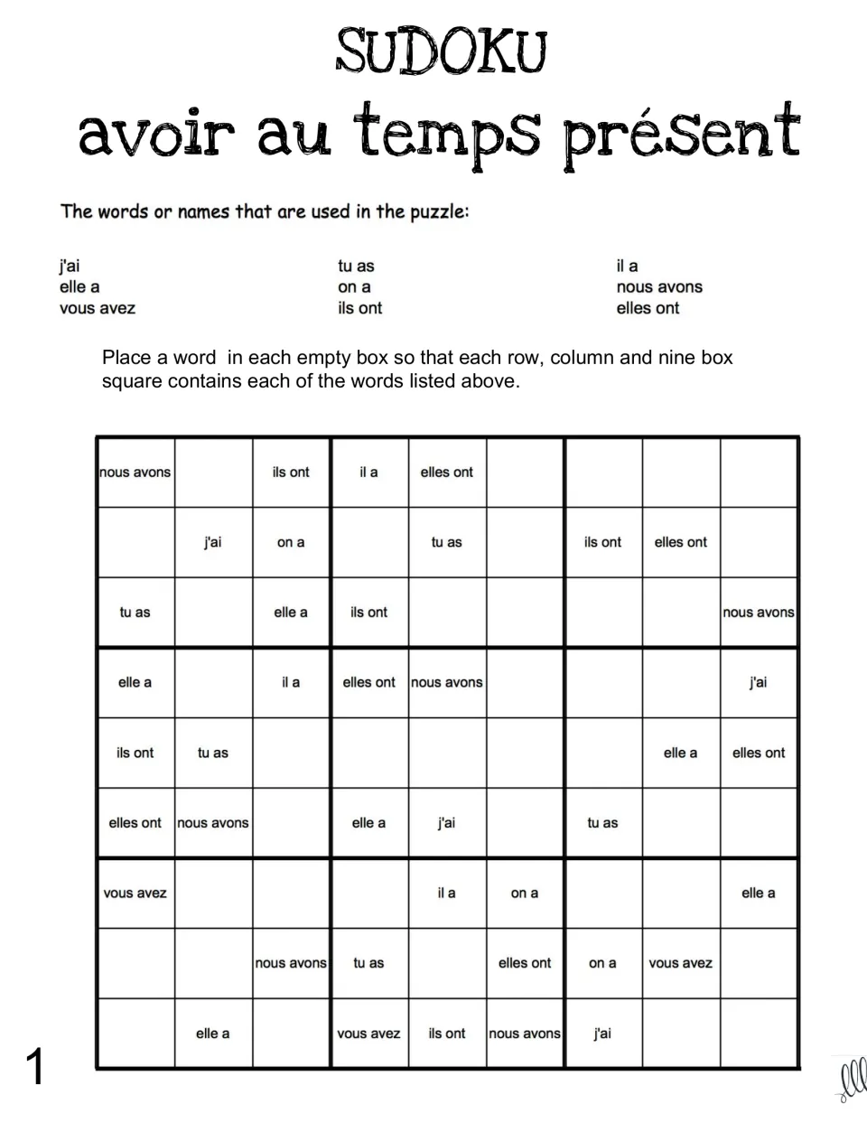 French avoir (to have) sudoku puzzle 1, using j’ai, tu as, il a and six other present-tense forms.