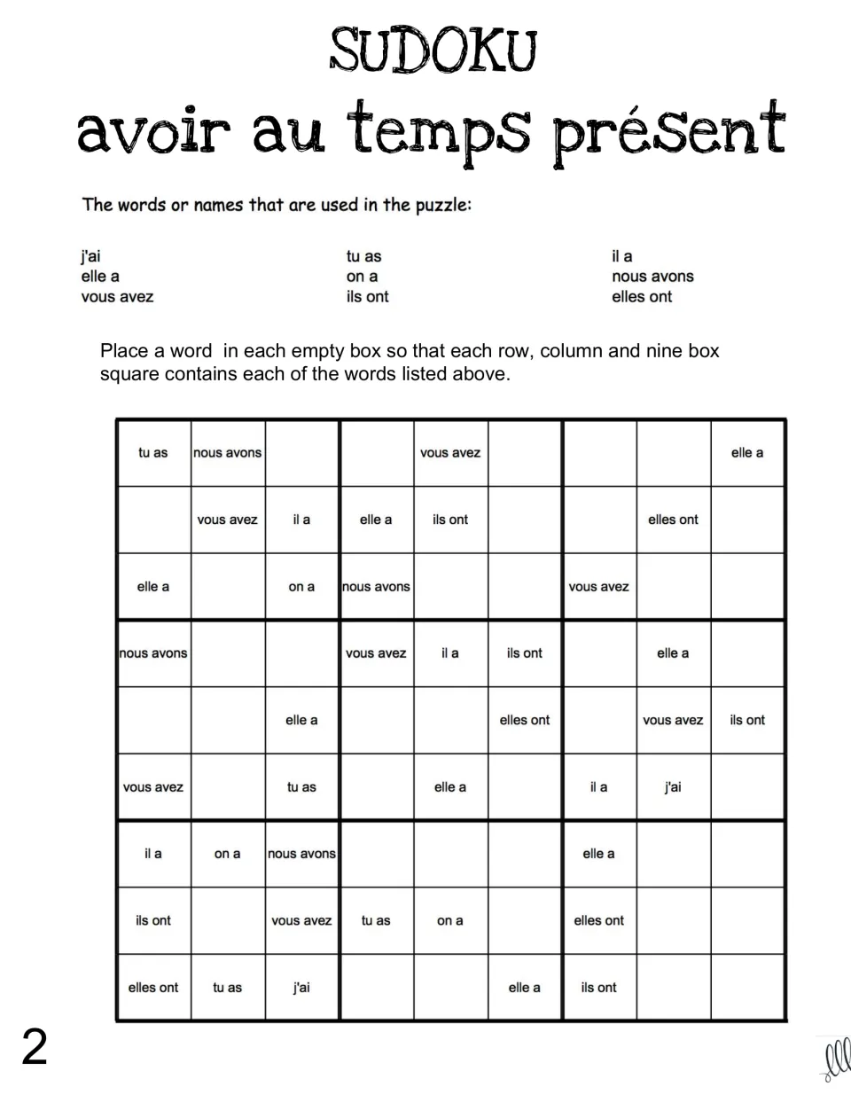 French avoir (to have) sudoku puzzle 2, using elle a, nous avons, elles ont and six other present-tense forms.
